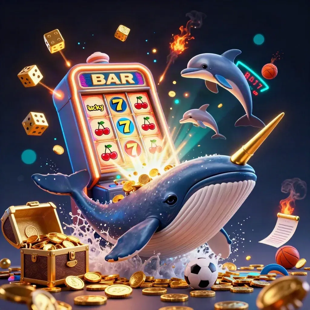 Low-angle whale captain breaching coins with narwhal, dolphins, slot bursts, and sports balls.