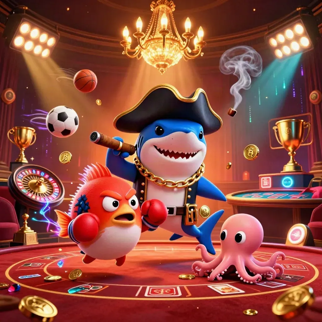 Pirate shark, boxing pufferfish, and coin-juggling octopus in a neon casino lounge.