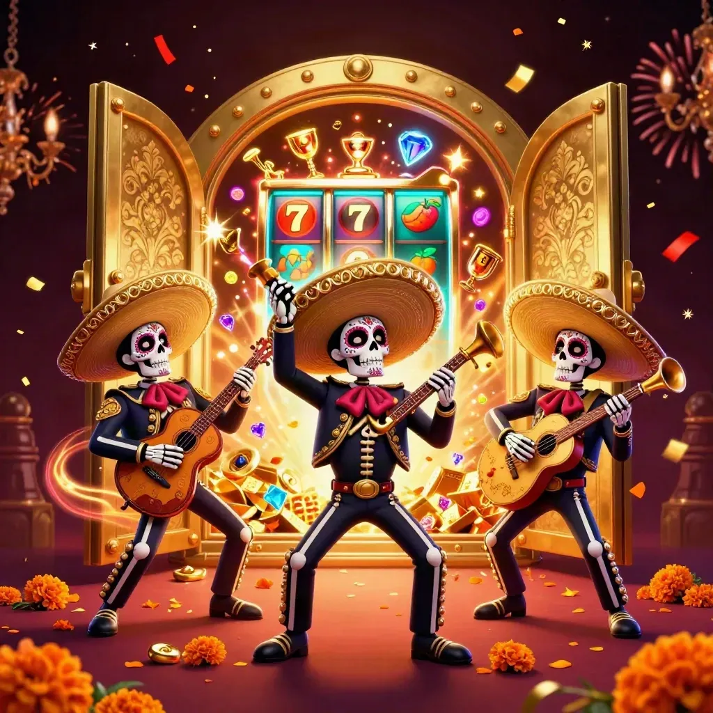 Day-of-the-Dead mariachi skeleton trio blasting open a vault amid gold, gems, and casino sparks