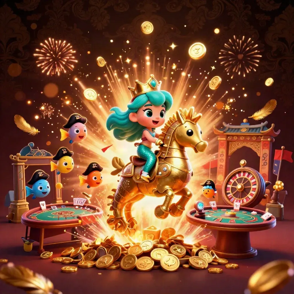 Mermaid princess on armored seahorse amid coins, fireworks, temple gate, and casino props