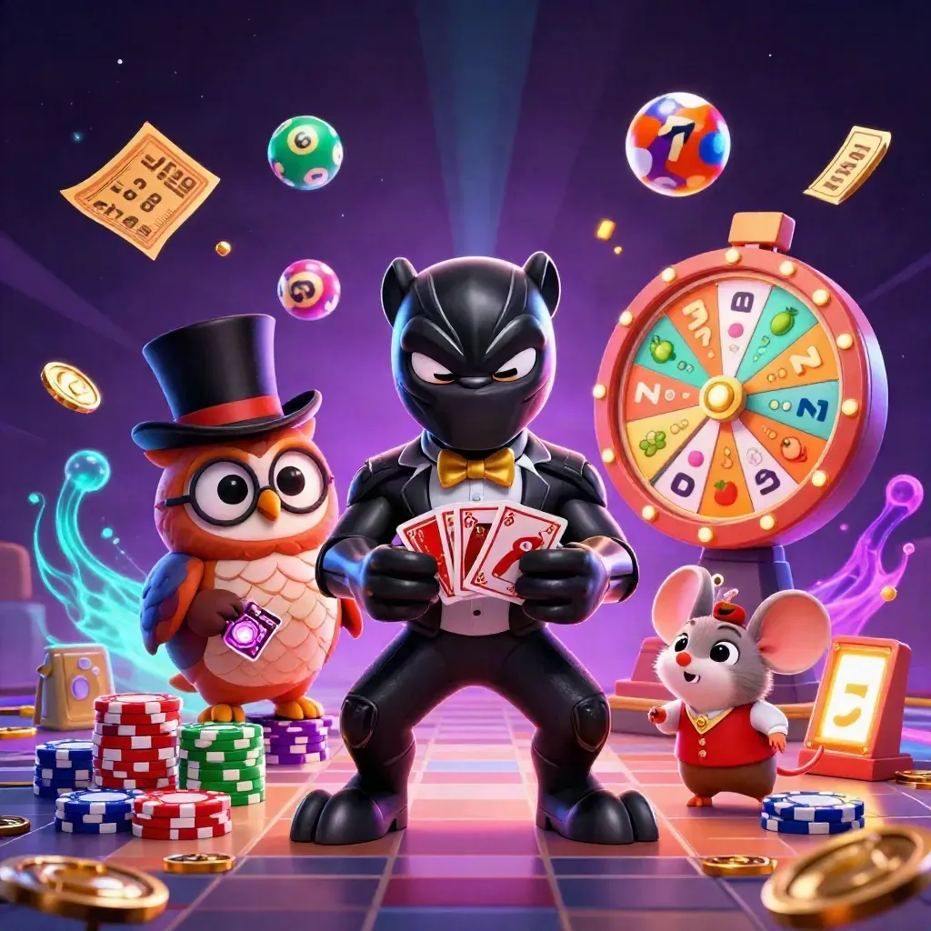 Panther, owl, and mouse playing casino cards amid glowing reels, coins, and prize effects.